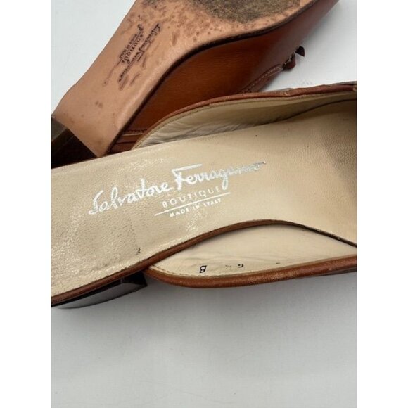 Salvatore Ferragamo Made in Italy Brown Leather Square Toe Bow Mules Size 6B - Picture 8 of 9